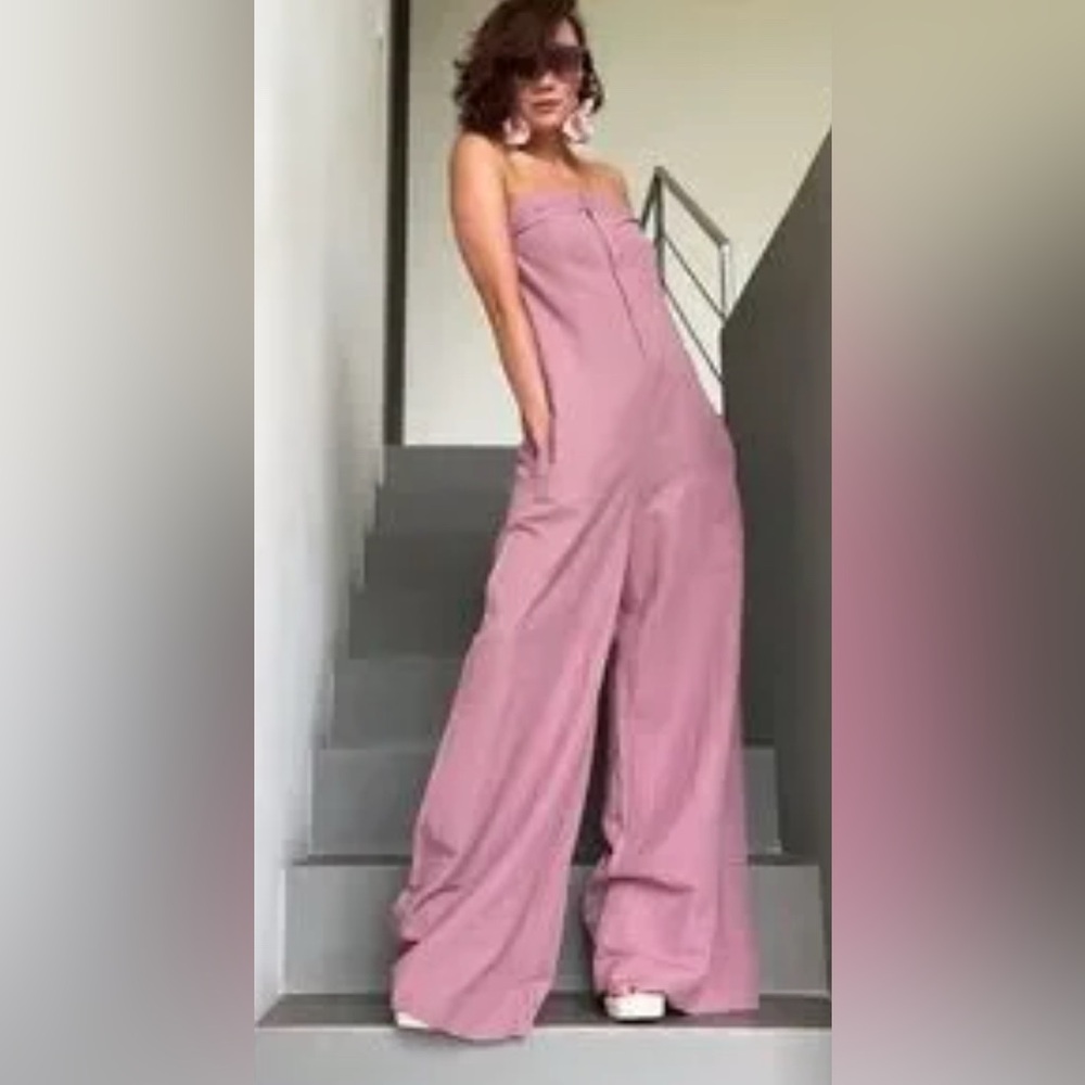 Zara STRAPLESS LINEN BLEND JUMPSUIT. Pale Pink.